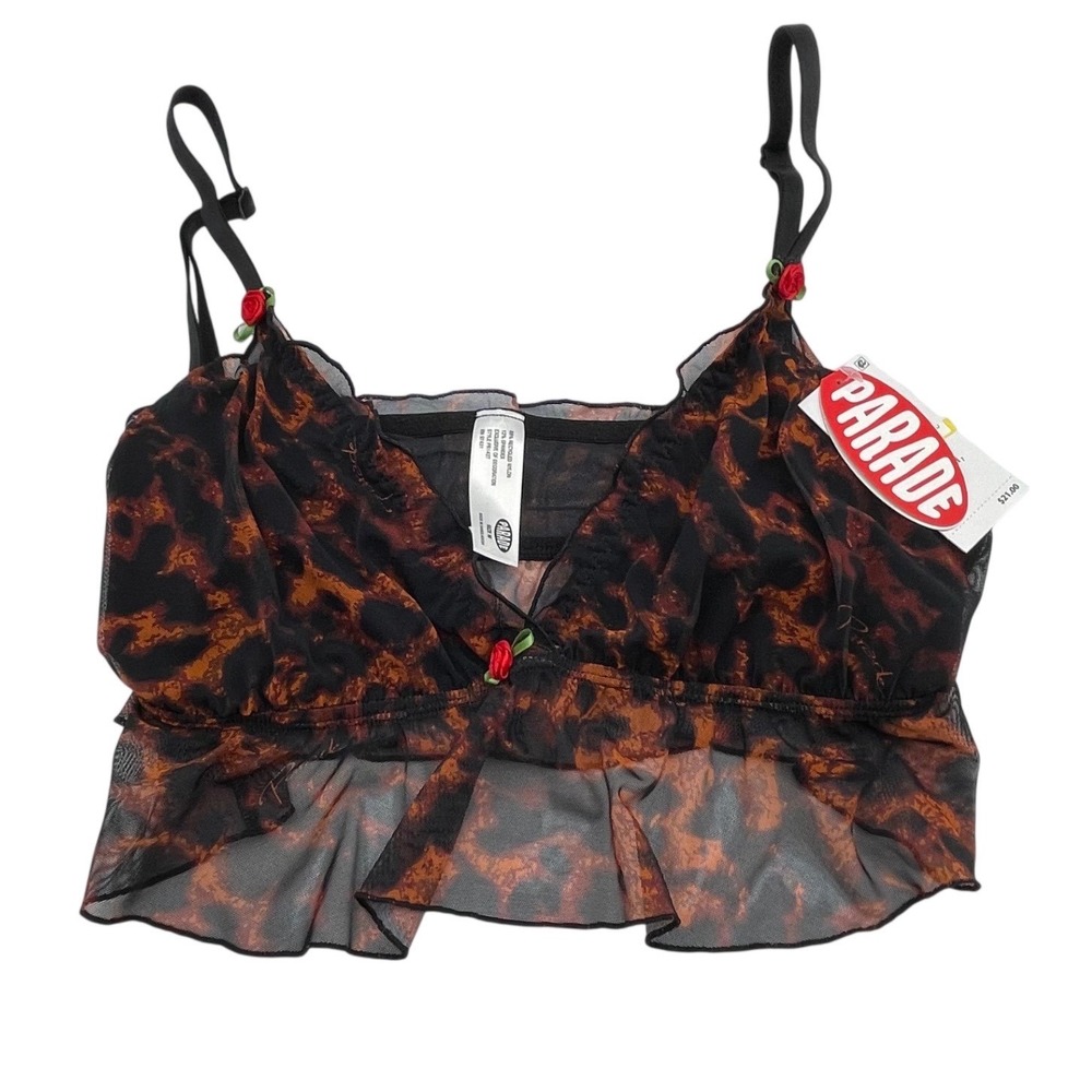 Parade Leopard Mesh Ruffle Bralette Brown Black Rosette PR143T Womens Size M NWT